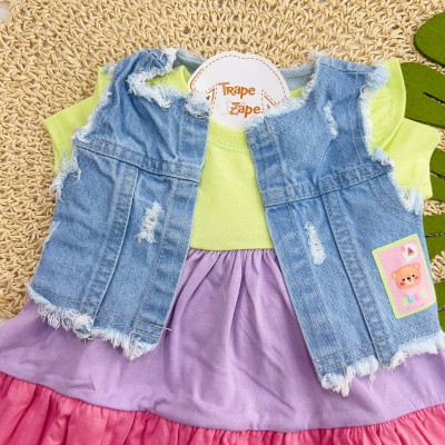  Vestido 3 Marias com Colete Jeans Sorvete - Verde e Lilás